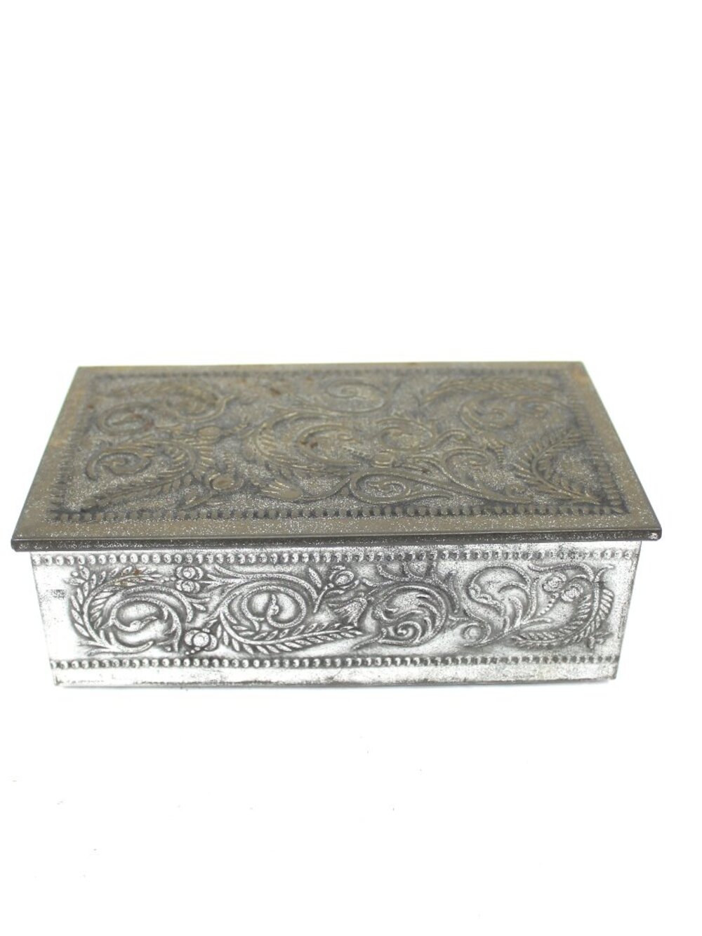 Western German Embossed Unlined Silver Tin Hinged Trinket/Jewelry Metal Box VTG